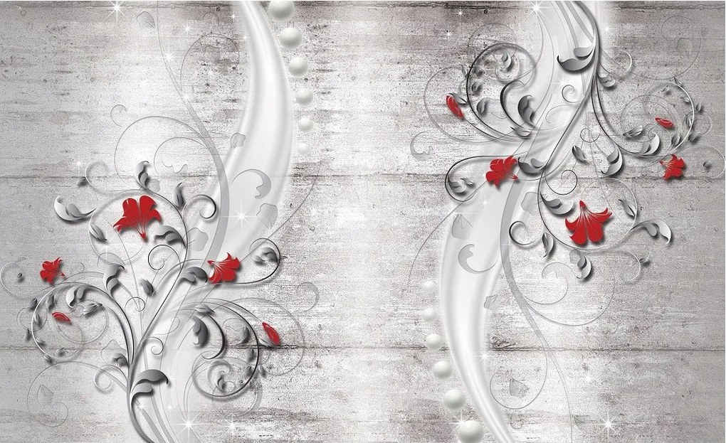 Flizelin fotótapéta Ezüst virágok piros ékezetek fa 250x175 +ragasztó