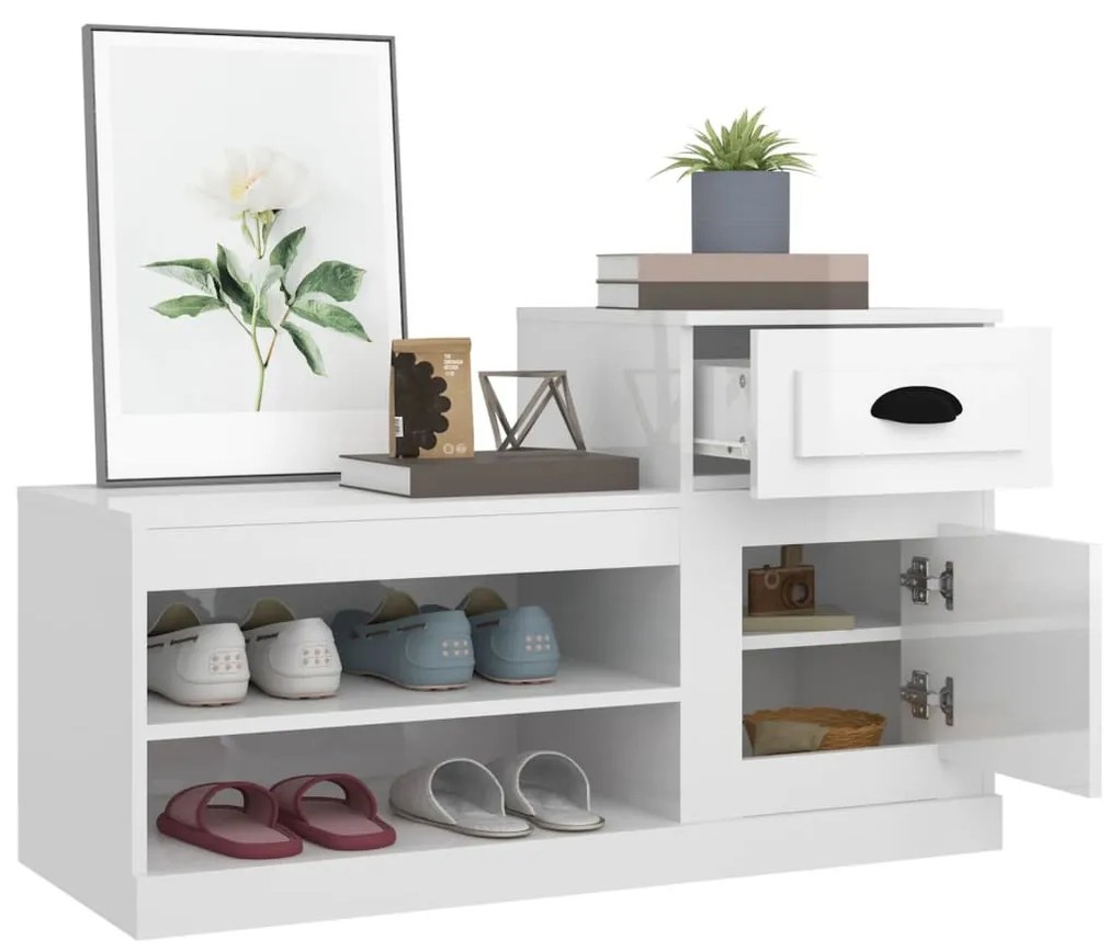 magasfényű fehér szerelt fa cipőszekrény 100x42x60 cm