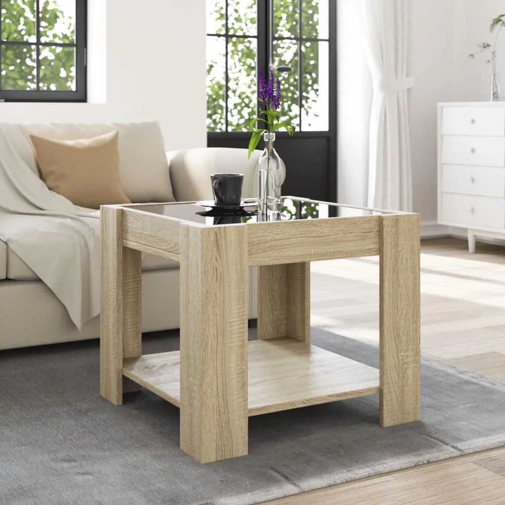Sonoma tölgy szerelt fa dohányzóasztal LED-del 53 x 53 x 45 cm