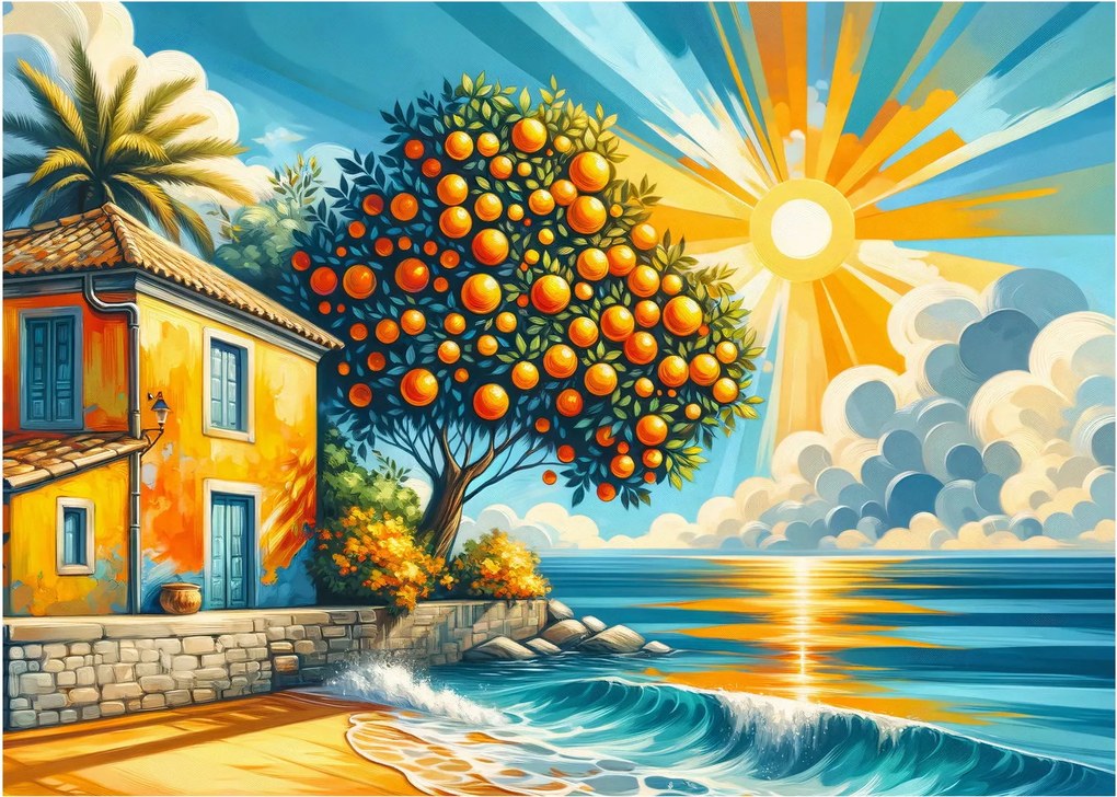 Üveg kép - Ház narancsokkal I. (70x50 cm)