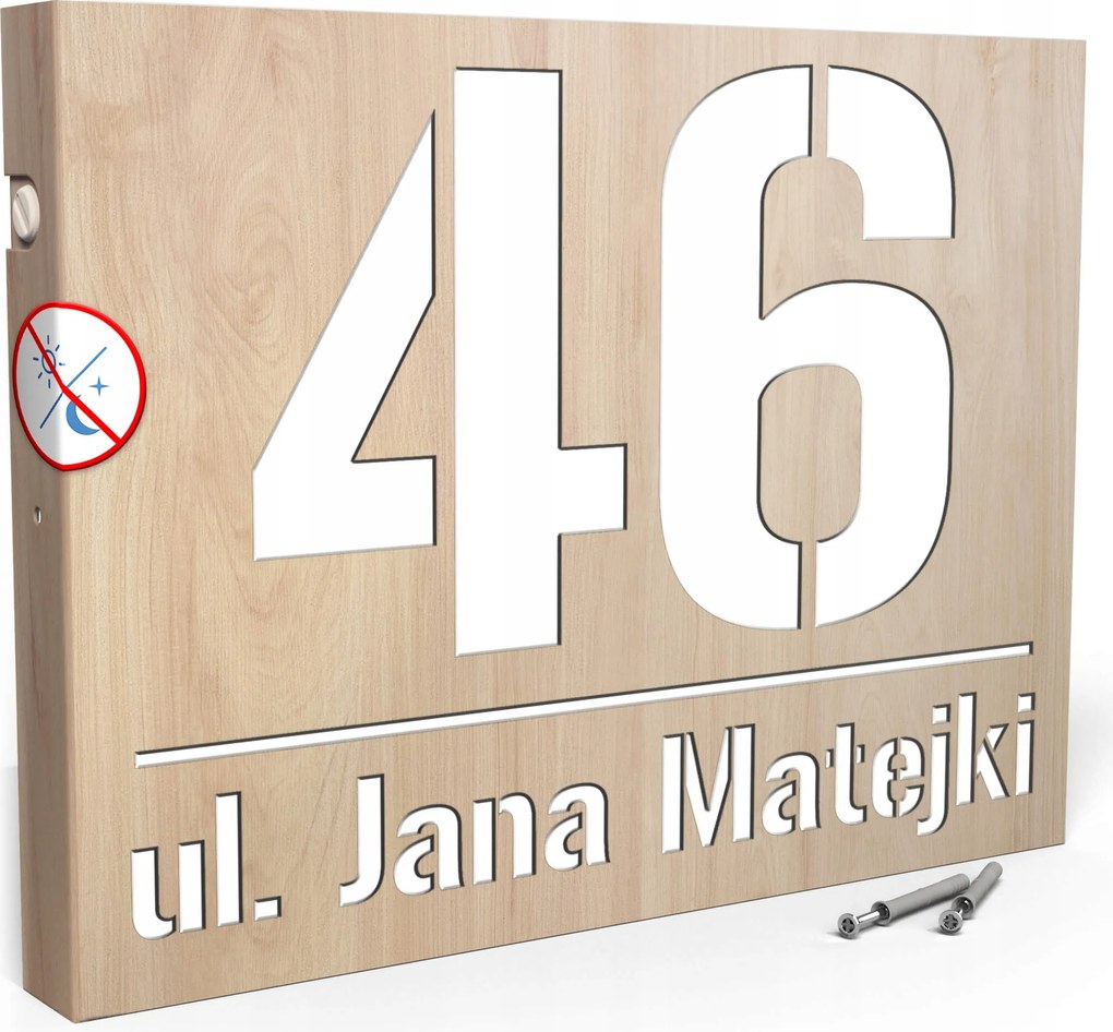 Megvilágított Házszám Címtábla Szám 40x30 cm Világos Fa