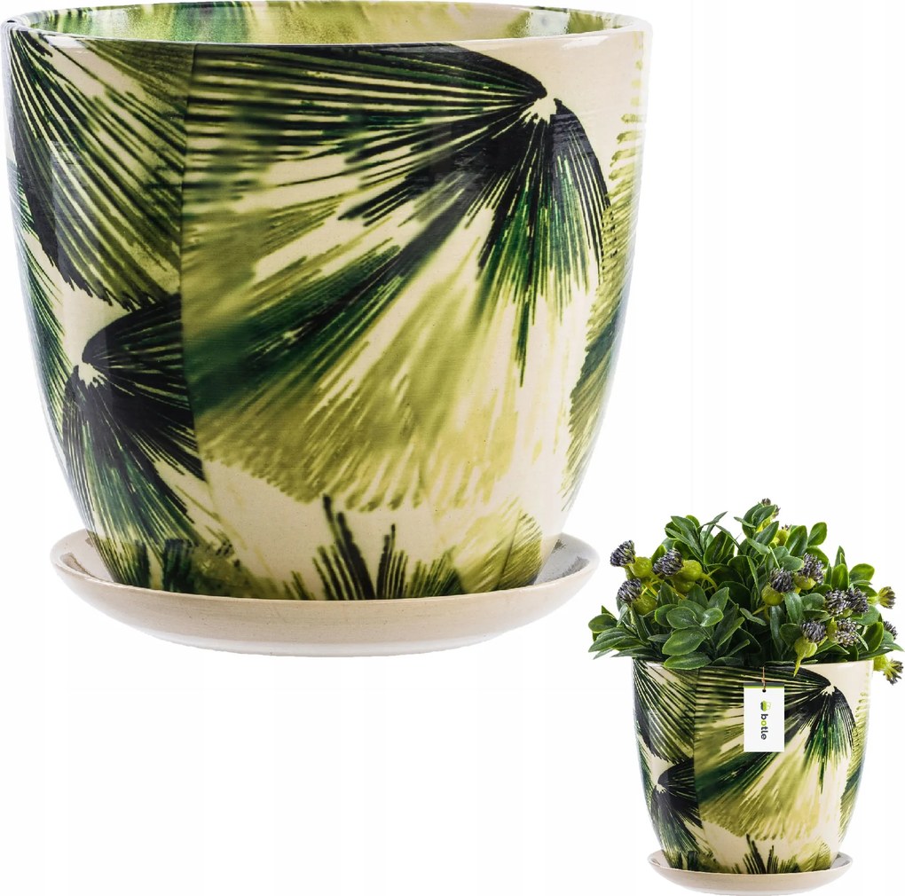 Kerámia kaspó kerek Ø12,5 cm H13 cm 1,5L zöld levelek állvány