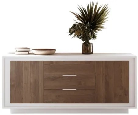 SKY 2.0 komód 2 ajtóval és 3 fiókkal, fehér matt lakkozott vázzal és Mercuri tölgy mintázatú laminált előlapokkal