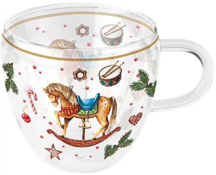 Karácsonyi hintalovas duplafalú borosilicate üvegcsésze  Christmas Toys 200 ml
