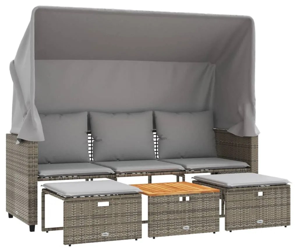 3 személyes szürke polyrattan kerti kanapé baldachinnal/székkel
