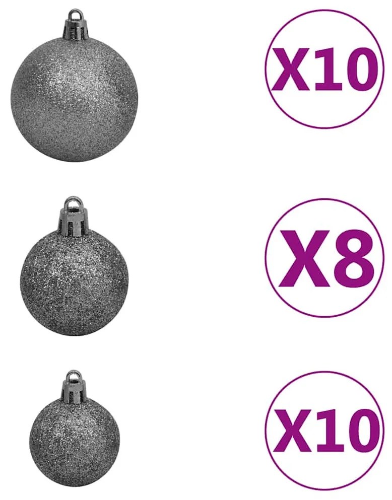 műkarácsonyfa 130 LED-del, gömbszettel és hópehellyel 210 cm