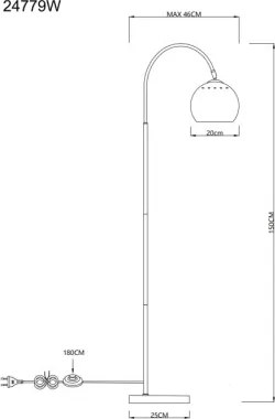 Globo 24779W Állólámpa, fém fehér matt, kábel PVC fehér, lábpedálos kapcsoló a kábelen, HxSzxM: 580x250x1500mm, kábel hossza 1800mm, 1x E27 60W 230V izzó nélkül