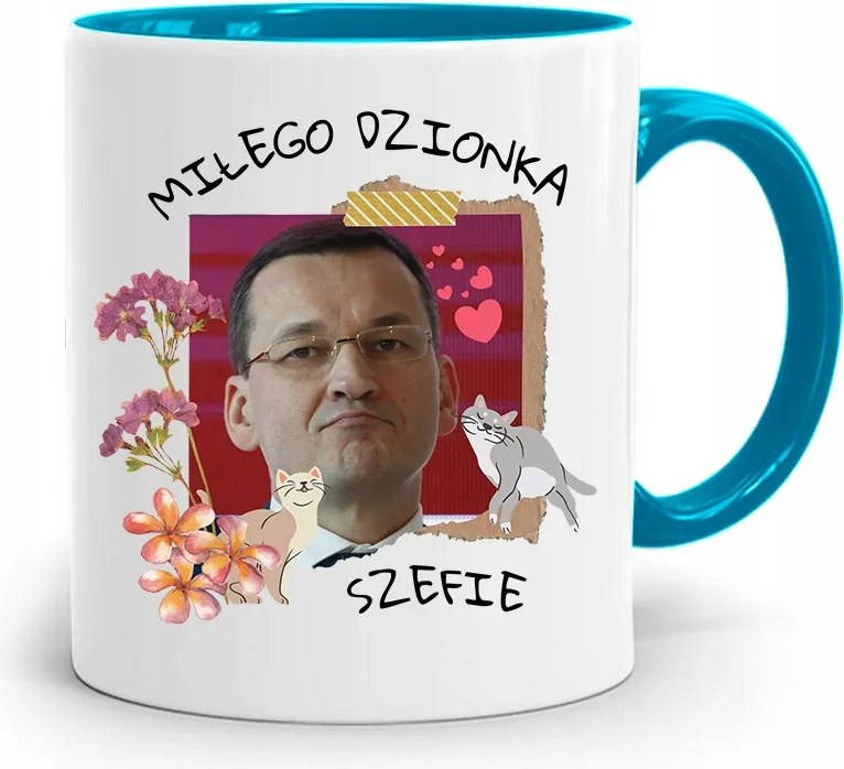 Kék Politikus Bögre Mateusz Morawiecki Miniszterelnök fényképes nyomtatással