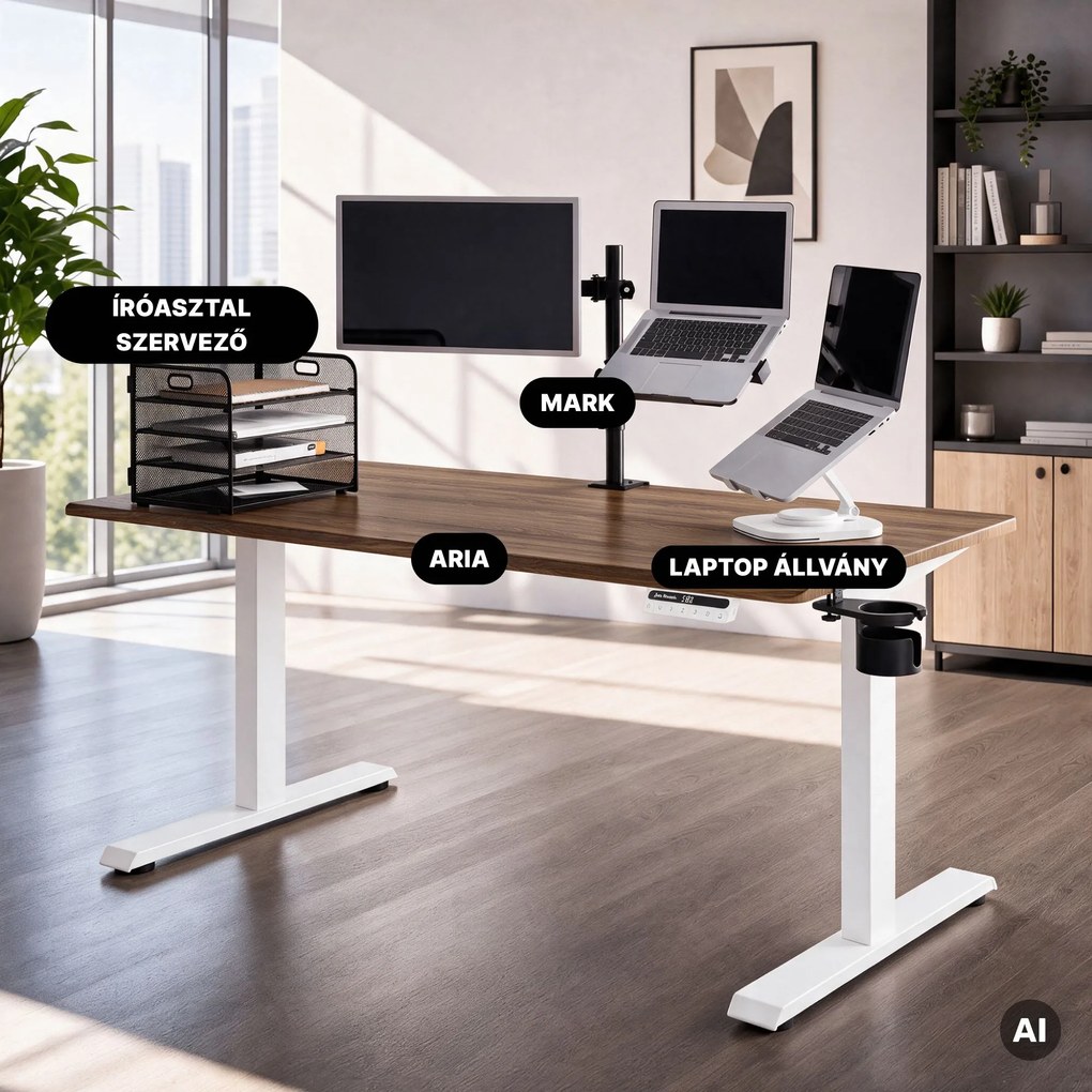 Elektromos, állítható magasságú, ergonomikus, fehér/dió íróasztal,1600x800 mm: ARIA