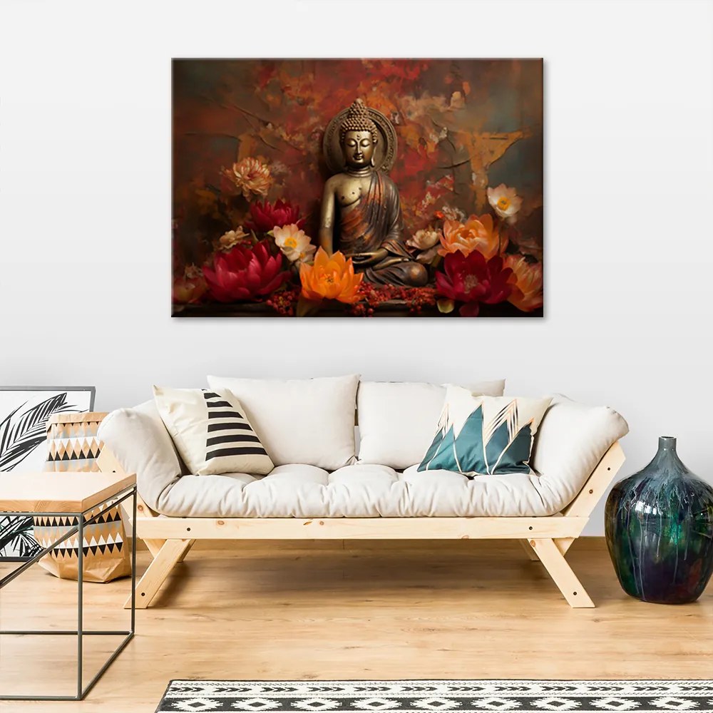Gario Vászonkép Meditáló Buddha szobor és színes virágok Méret: 120 x 80 cm