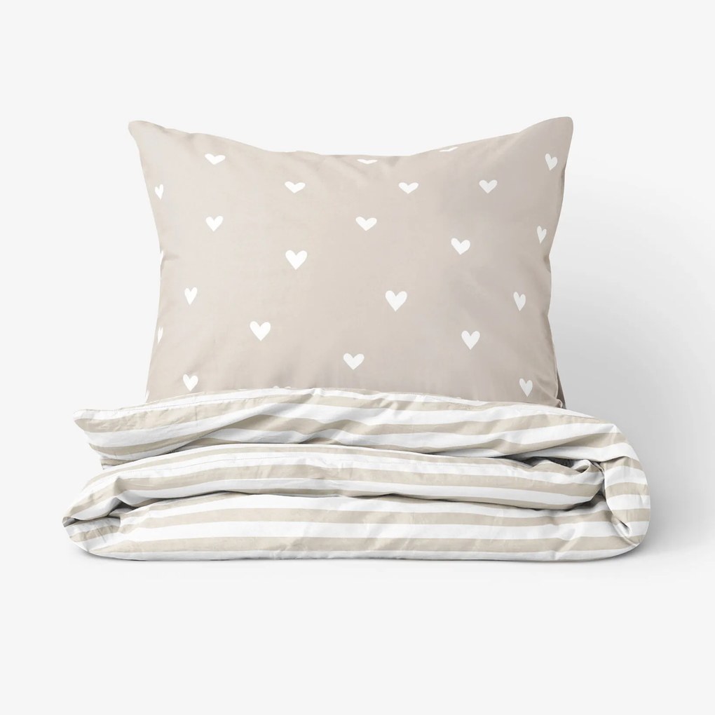 Goldea pamut ágyneműhuzat - szívecskék, latte színű csíkos hátoldal 200 x 200 és 2db 70 x 90 cm