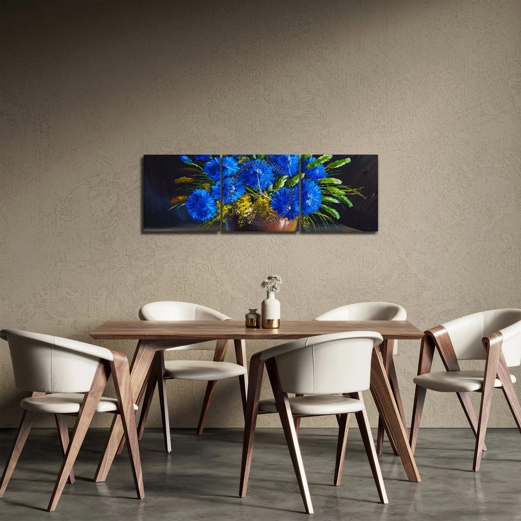 Kék virágok képe egy vázában (órával) (90x30 cm)
