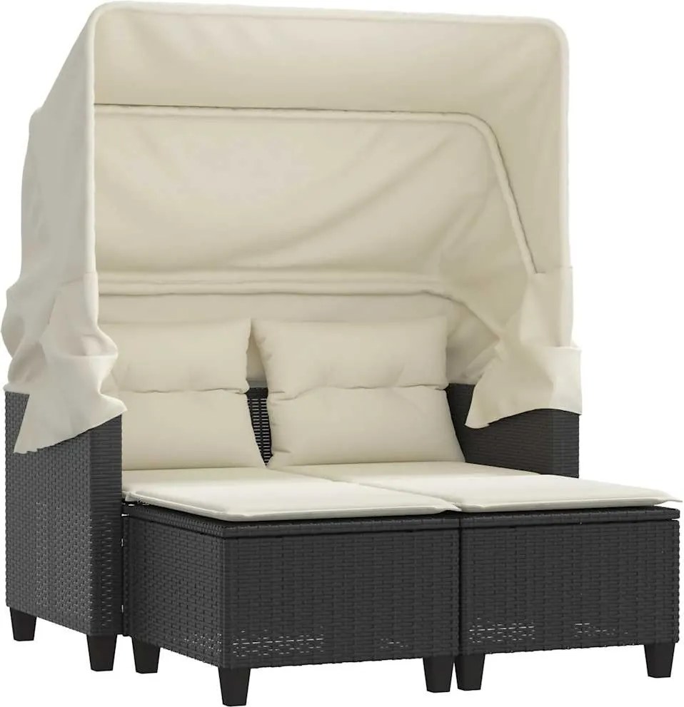 vidaXL 2 személyes fekete polyrattan kerti kanapé baldachinnal/székkel