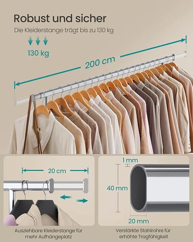 Nagy teherbírású ruhatartó állvány 150 kg maximális terheléssel, ezüst színben