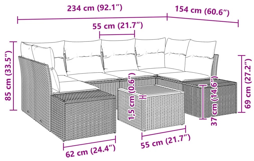 7 darabos kerti kanapé szett párnákkal Bézs Műrattan Akáciával