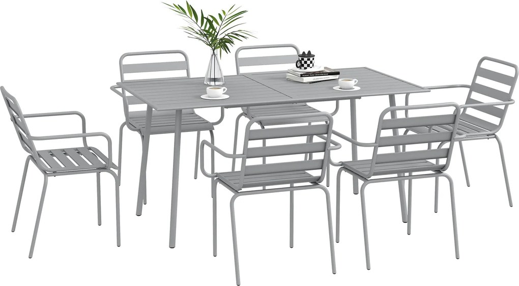 Outsunny 7 darabos étkező garnitúra, kerti bútor szett 1 étkezőasztallal és 6 összecsukható székkel, kültéri bútorok erkélyhez és teraszhoz, acél, vil