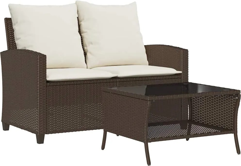 vidaXL 2 személyes barna polyrattan kerti kanapé asztallal&párnával