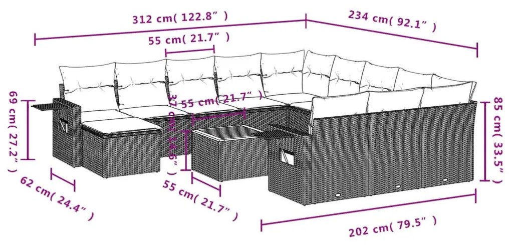 13 részes bézs polyrattan kerti ülőgarnitúra párnákkal