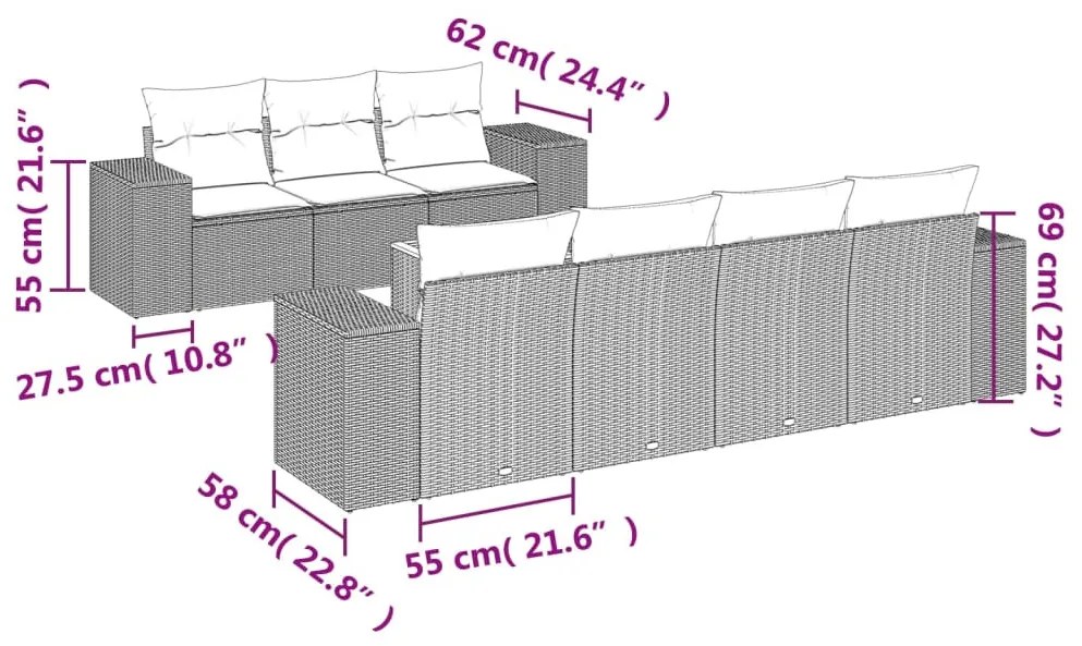 8 részes fekete polyrattan kerti ülőgarnitúra párnákkal