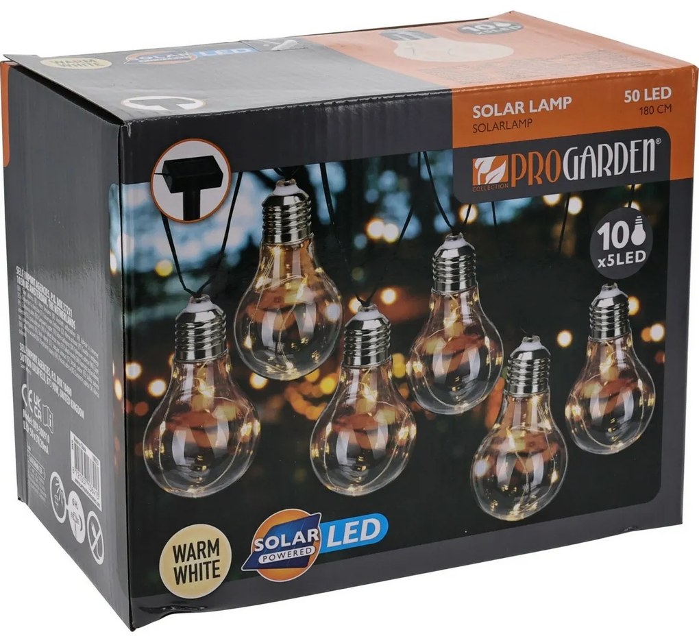 ProGarden napelemes izzólánc átlátszó, 2 m, 10 x 5 LED, meleg fehér