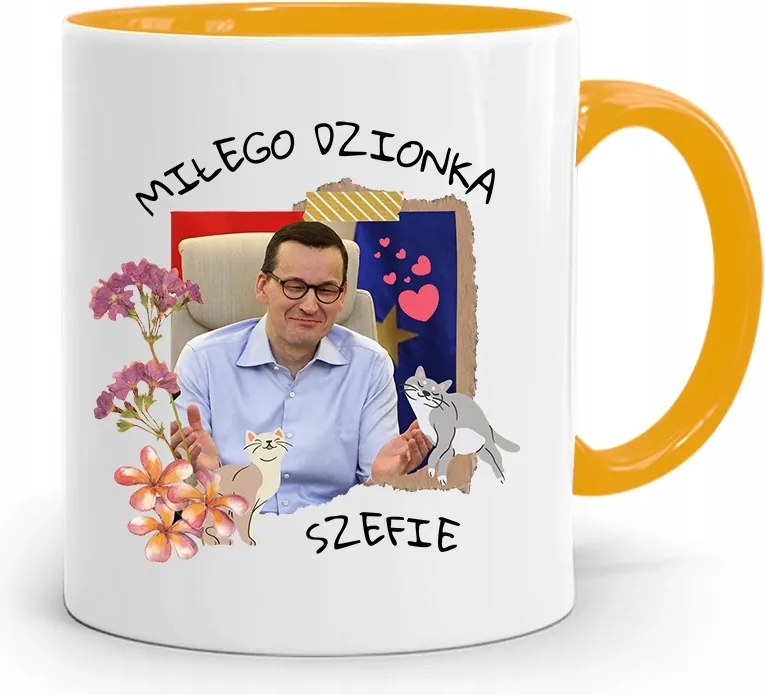 Sárga Politikus Bögre Mateusz Morawiecki Miniszterelnök fényképes nyomtatással