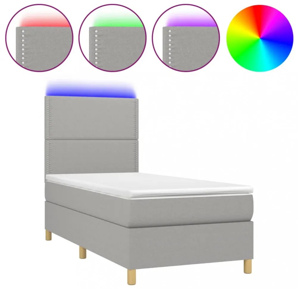 világosszürke szövet rugós és LED-es ágy matraccal 90x200 cm