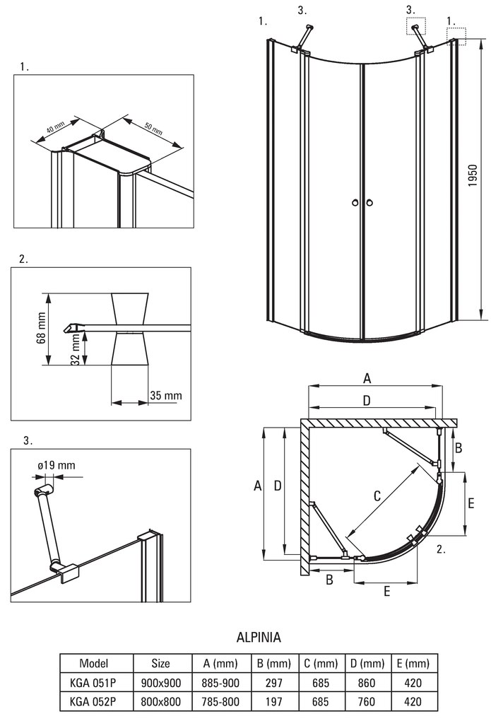 Deante Alpinia, negyedkör alakú zuhany csuklós ajtóval 90x90 cm, magasság 195 cm, 6 mm átlátszó üveg ActiveCoverrel, króm profil, KGA_051P