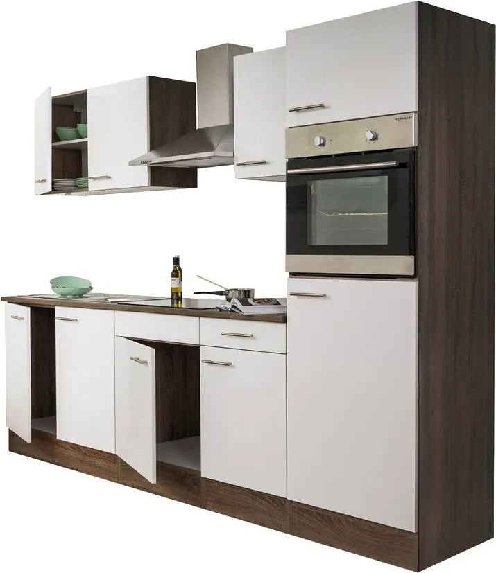 Yorki konyhabútor Yorki tölgy korpusszal, selyemfényű fehér fronttal 270 cm-es méretben