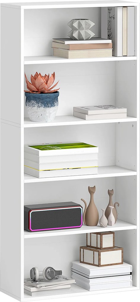 HOMCOM 5-Szintes Könyvespolc 3 Állítható Polccal Nappalira, Irodába, Hálószobába 60x24x133,5 cm Fehér | Aosom