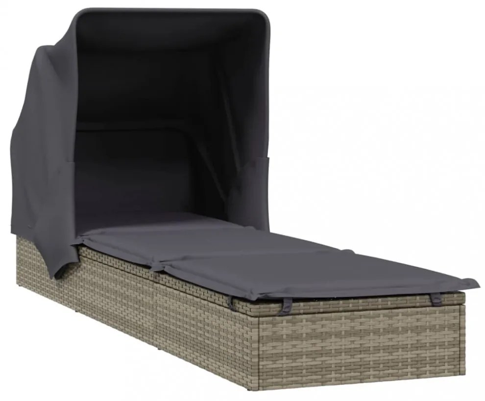 szürke polyrattan napozóágy összecsukható tetővel 213x63x97 cm