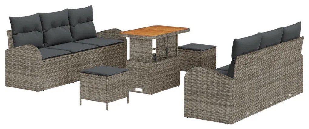 9 részes kerti kanapészett párnákkal, szürke poli rattan akácián, 2 személyes kerti kanapé párnákkal, szürke poli rattan, 3 részes kerti étkező szett párnákkal, szürke poli rattan akácián