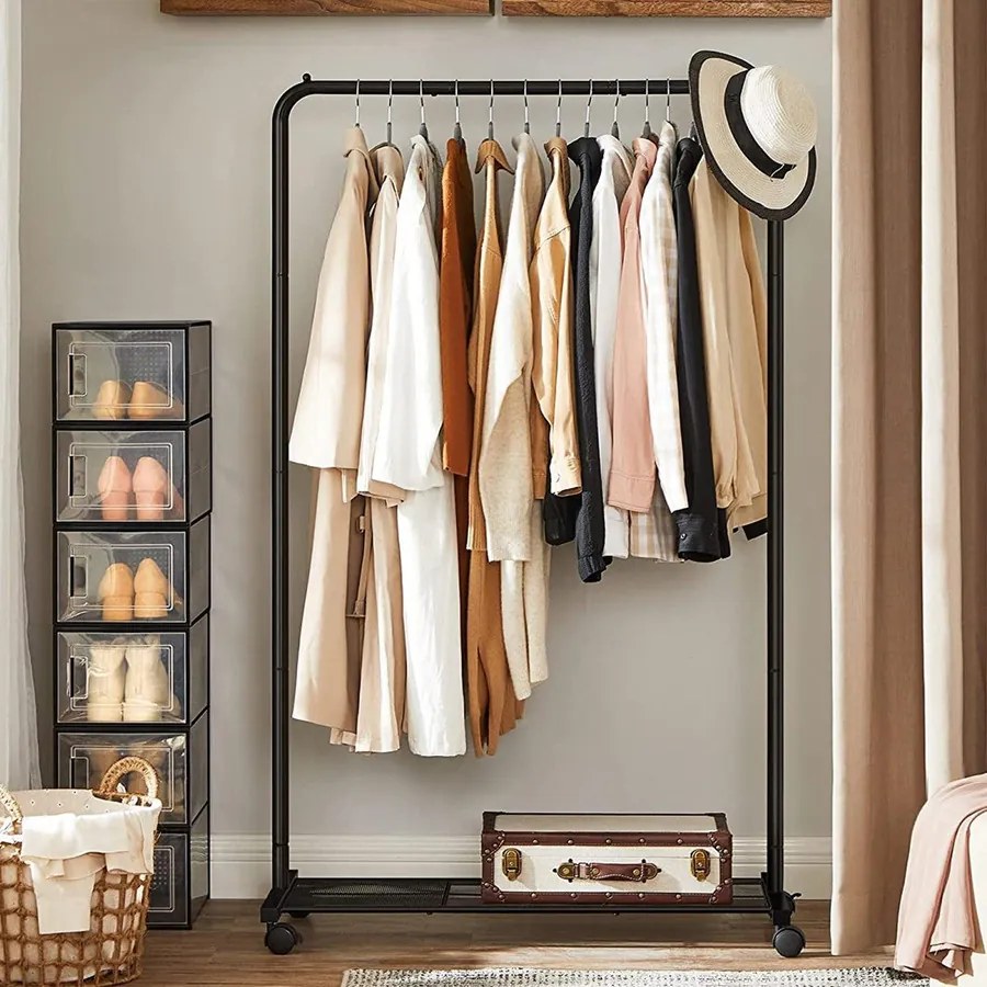 Fém ruhatartó kerekekkel, tárolópolccal, felső sín 40 kg-ig, fekete