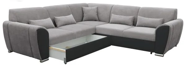 VISEU L-alakú, balos, kihúzható sarokkanapé tárolóval — szürke/fekete