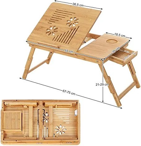Bambusz laptop asztal szellőző lyukakkal, állítható magasság 55x35cm