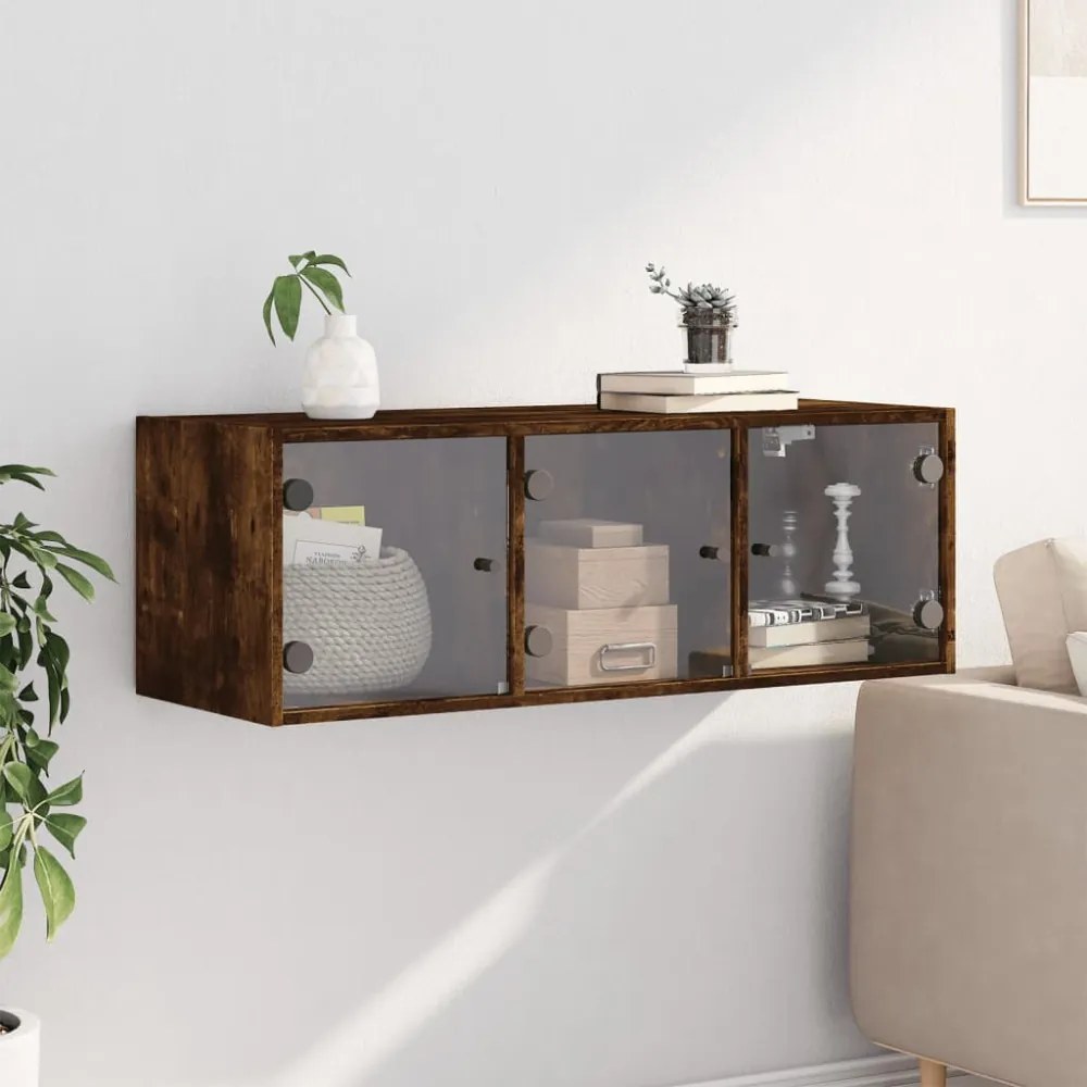 füstös tölgyszínű faliszekrény üvegajtókkal 102 x 37 x 35 cm