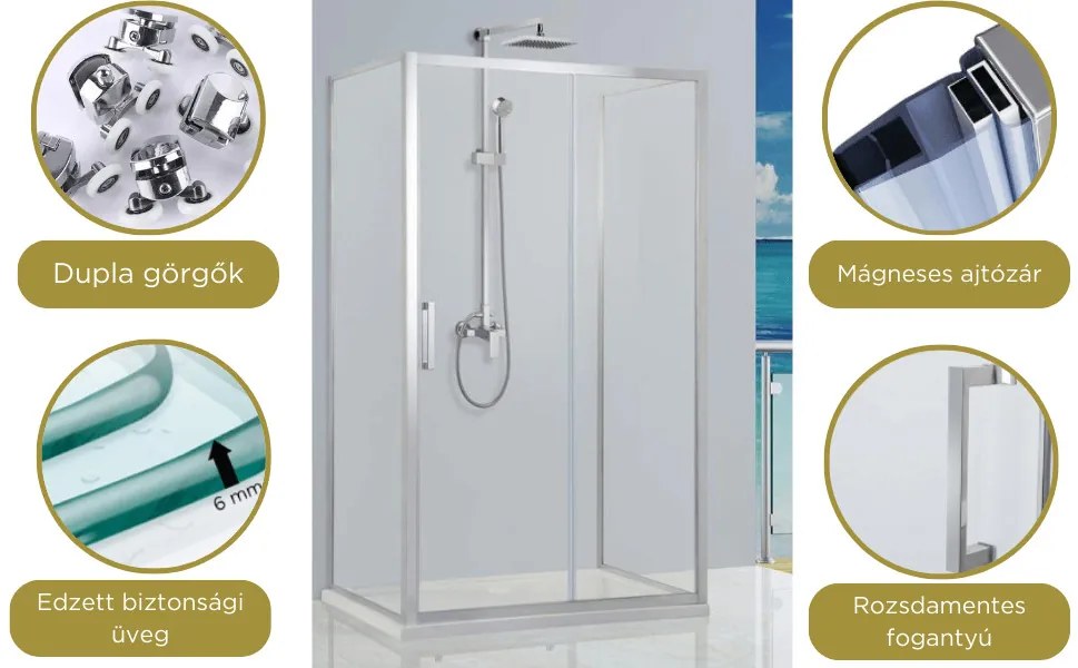 Stuxi Delhi 120x80 falsíkra szerelhető 3 oldalú tolóajtós zuhanykabin 6 mm vastag vízlepergető biztonsági üveggel, krómozott elemekkel, 200 cm magas