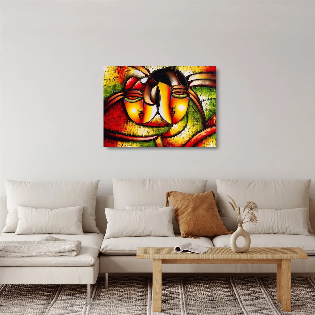 Kép - olajfestmény, absztrakt arcok (üvegen) (70x50 cm)