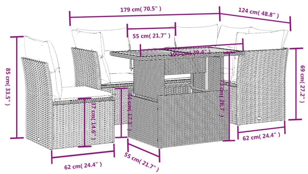 5 részes bézs polyrattan kerti ülőgarnitúra párnákkal