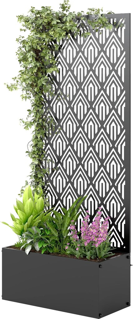 Outsunny kúszótámaszos magaságyás — fém virágláda privát panellel kúszónövényekhez, zöldségekhez és virágokhoz, 45 x 21,5 x 110 cm, fekete | Aosom