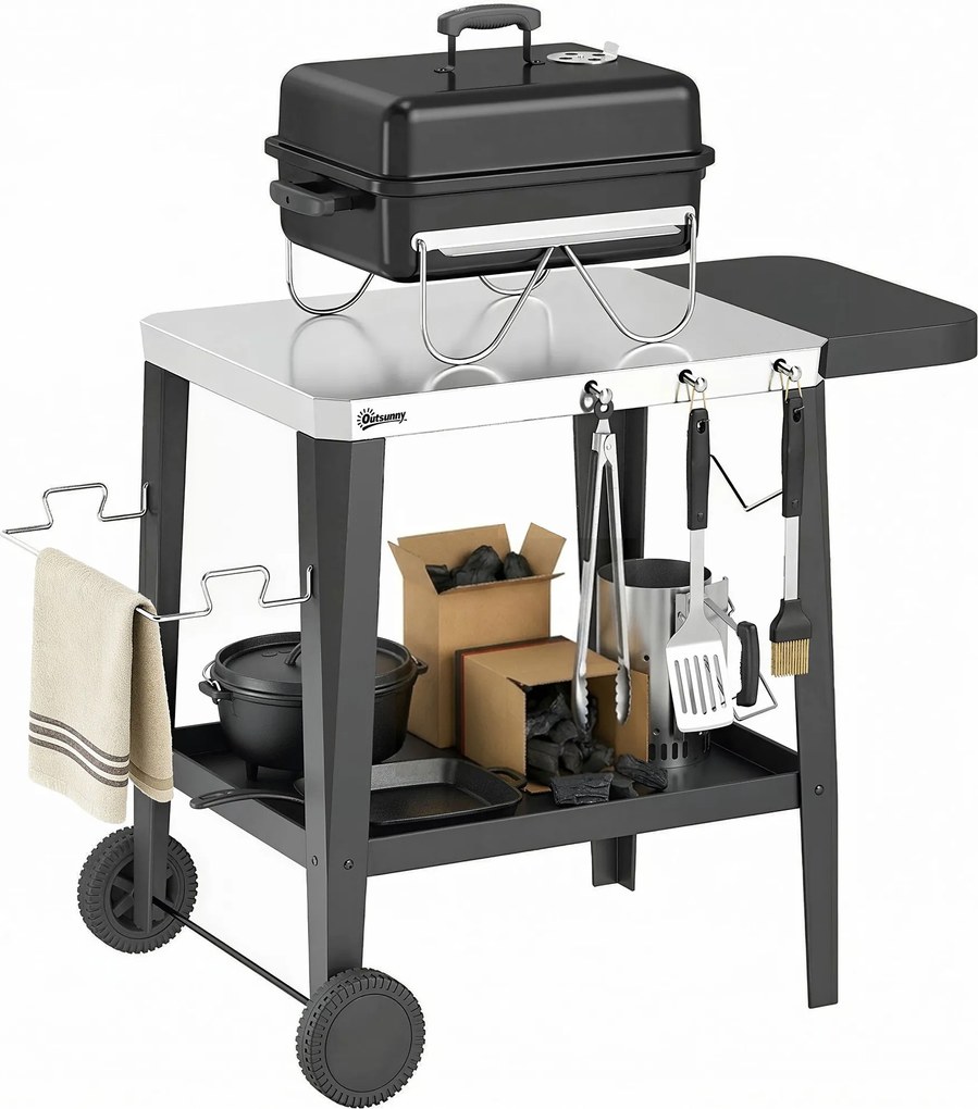 Outsunny rozsdamentes acél konyhai és BBQ kocsi kerekekkel, összecsukható oldallappal, törlőpapír- és törölközőtartóval — fekete (115 x 67,5 x 80,5 cm