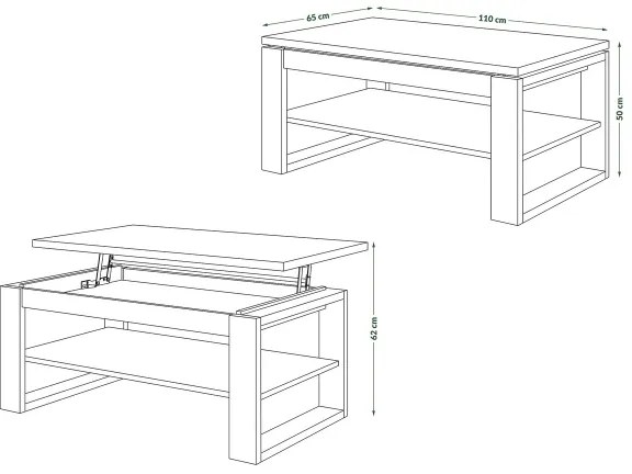 NEA dohányzóasztal emelhető asztallappal és polccal, beton szürke/fehér