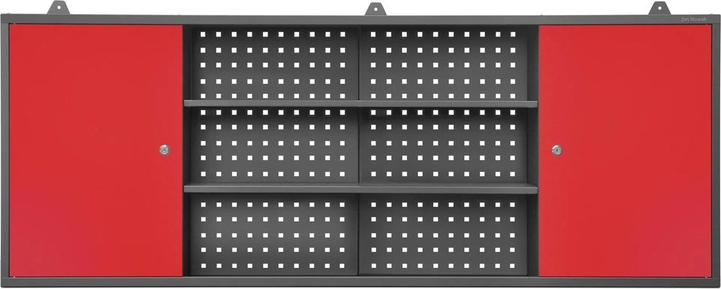 Függesztett műhelyszekrény perforált táblával, antracit-piros, 1600x600x200 mm: LEO