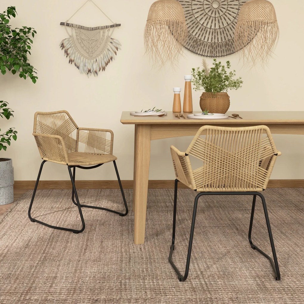 HOMCOM 2 db Étkezőszék Konyhai Szék Rattan Design Bohém Stílus Acél Alap 56 x 59 x 74 cm | Aosom
