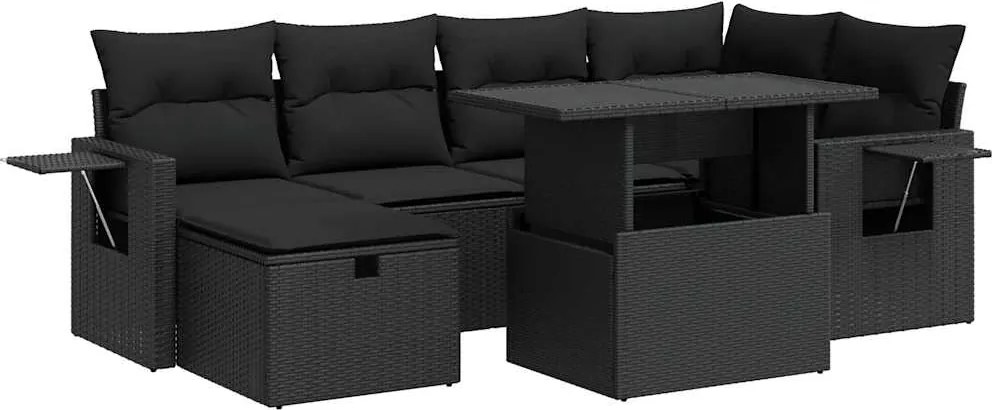 vidaXL 7 részes fekete polyrattan kerti ülőgarnitúra párnával