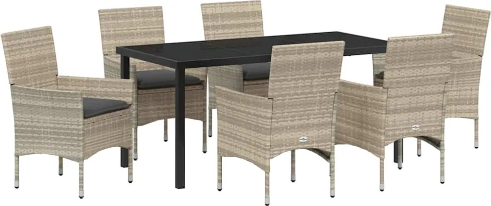 vidaXL Kert étkező szett párnával 7 pcs Világosszürke polirattan