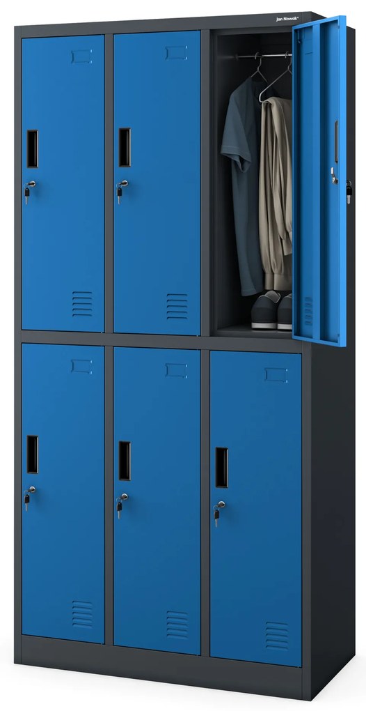 Fémöltözőszekrény – IGOR 6 ajtós szekrény, 900 x 1850 x 450 mm, antracit-kék