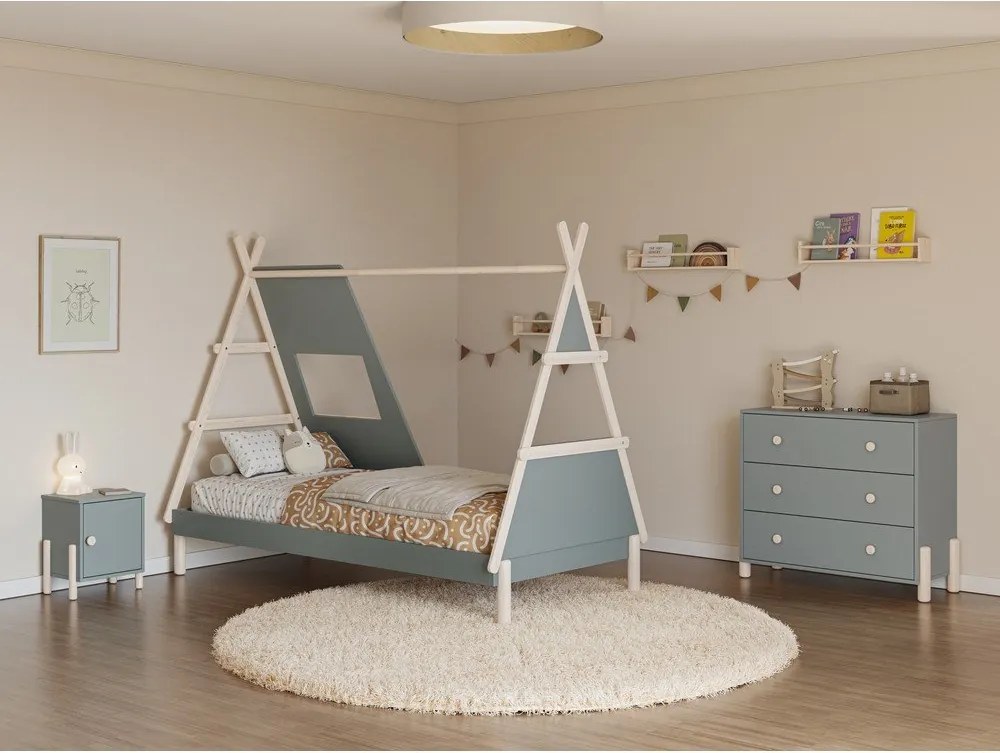 Szürkészöld borovi fenyő házikó alakú gyerekágy ágyráccsal 90x200 cm Enola – Marckeric