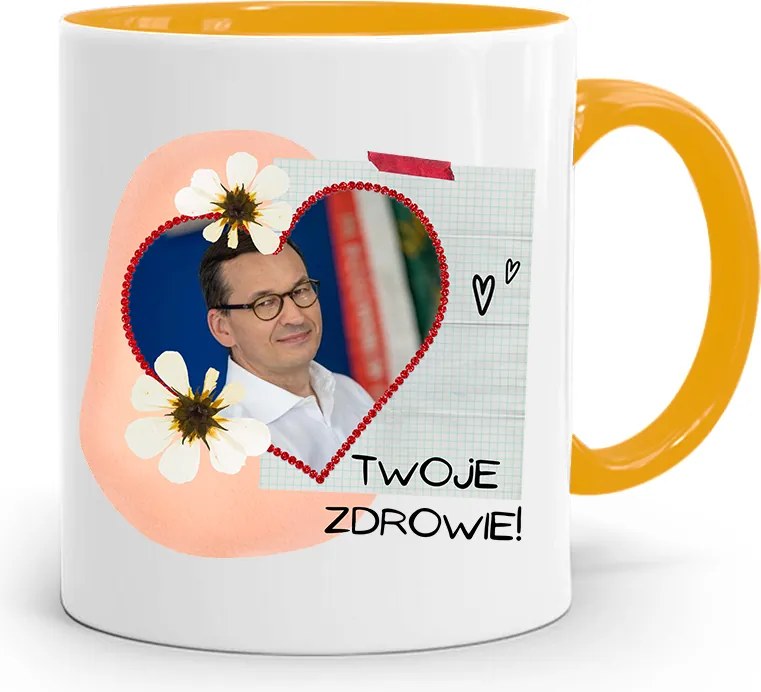 Sárga Politikus Bögre Mateusz Morawiecki Miniszterelnök fényképes nyomtatással