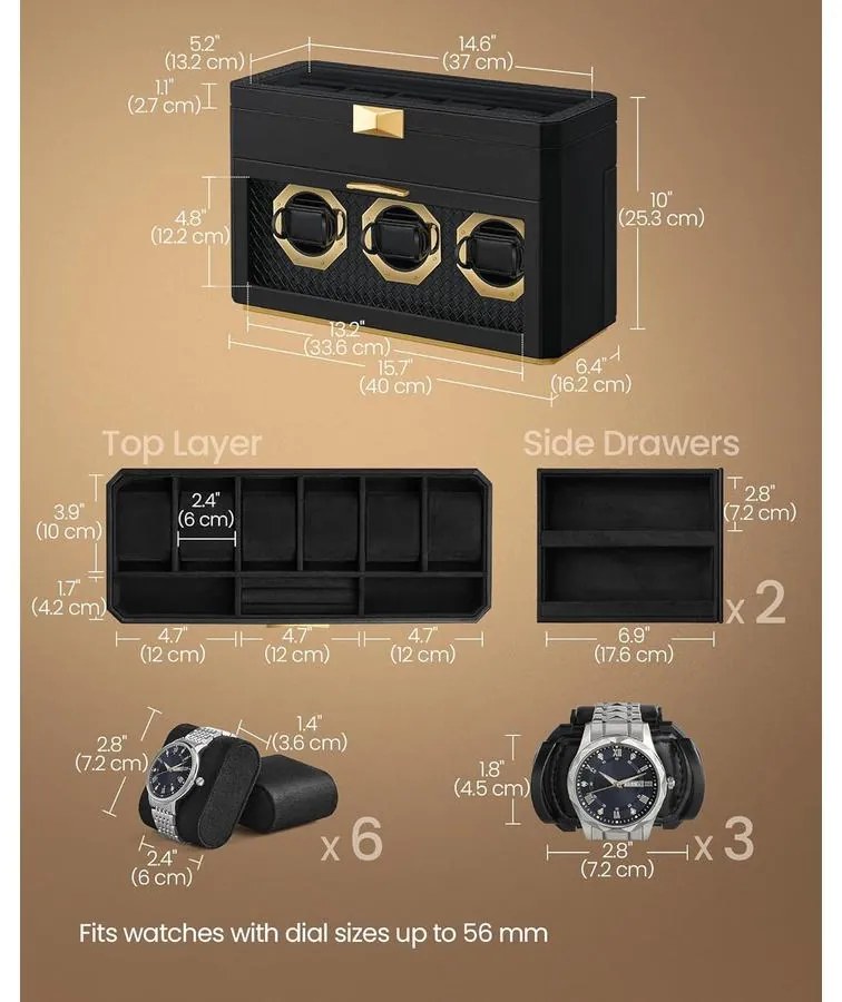 Óradoboz, függőleges óravitrin üvegablakkal, állítható óratartók, fekete