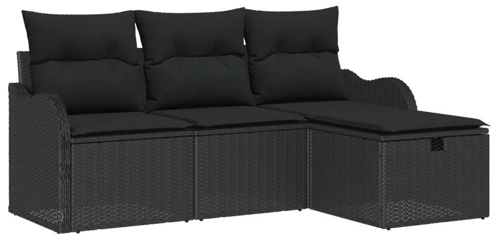 4 Részes Kerti Sofa Szett Párnákkal Fekete Poli Rattan